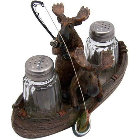 Two Fishing Moose in Canoe Salt and Pepper Shaker Holder 6 1/2 Inch Shakers Included
